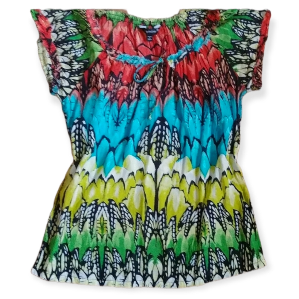 Rainbow Butterfly Print Cap Sleeved Flowy Top Women's Size Small